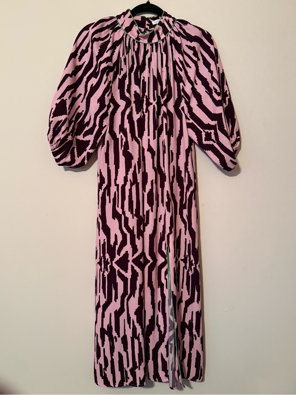 RHODE Fay Crepe Midi Dress Pink Abstract Print Puff Sleeve Slit Dress Medium